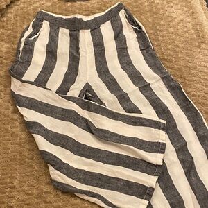 Striped Linen Wide Leg Pants - black and cream